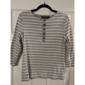 Lauren Ralph Lauren Women's Grey & White Striped 3/4 Sleeve Shirt Large